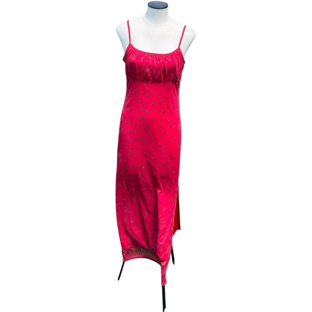 Candy Rocket 90s Dress Large Glitter Floral Red Burgundy Milkmaid‎ Stretch VTG